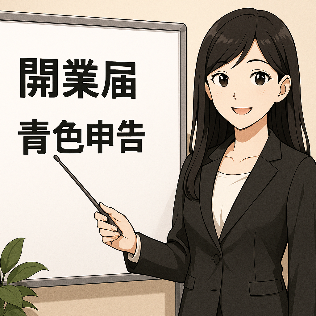 黒髪ロングの女性がビジネススーツを着て、ホワイトボードを指差し棒で示しているイラスト。ホワイトボードには大きな黒字で『開業届』『青色申告』と書かれている。
