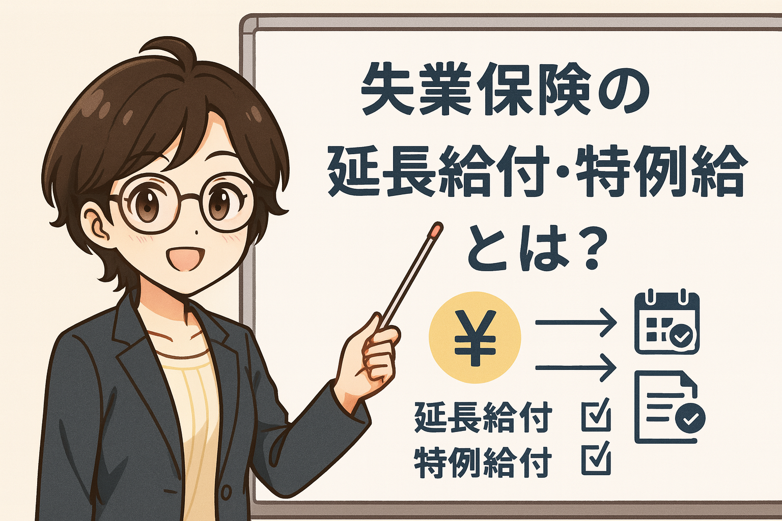 スーツ姿のFinna後輩がホワイトボードの前に立ち、指差し棒を使って「失業保険の延長給付・特例給付とは？」と書かれた内容を説明しているイラスト。白板には円マークやチェックリストのアイコンが描かれている。