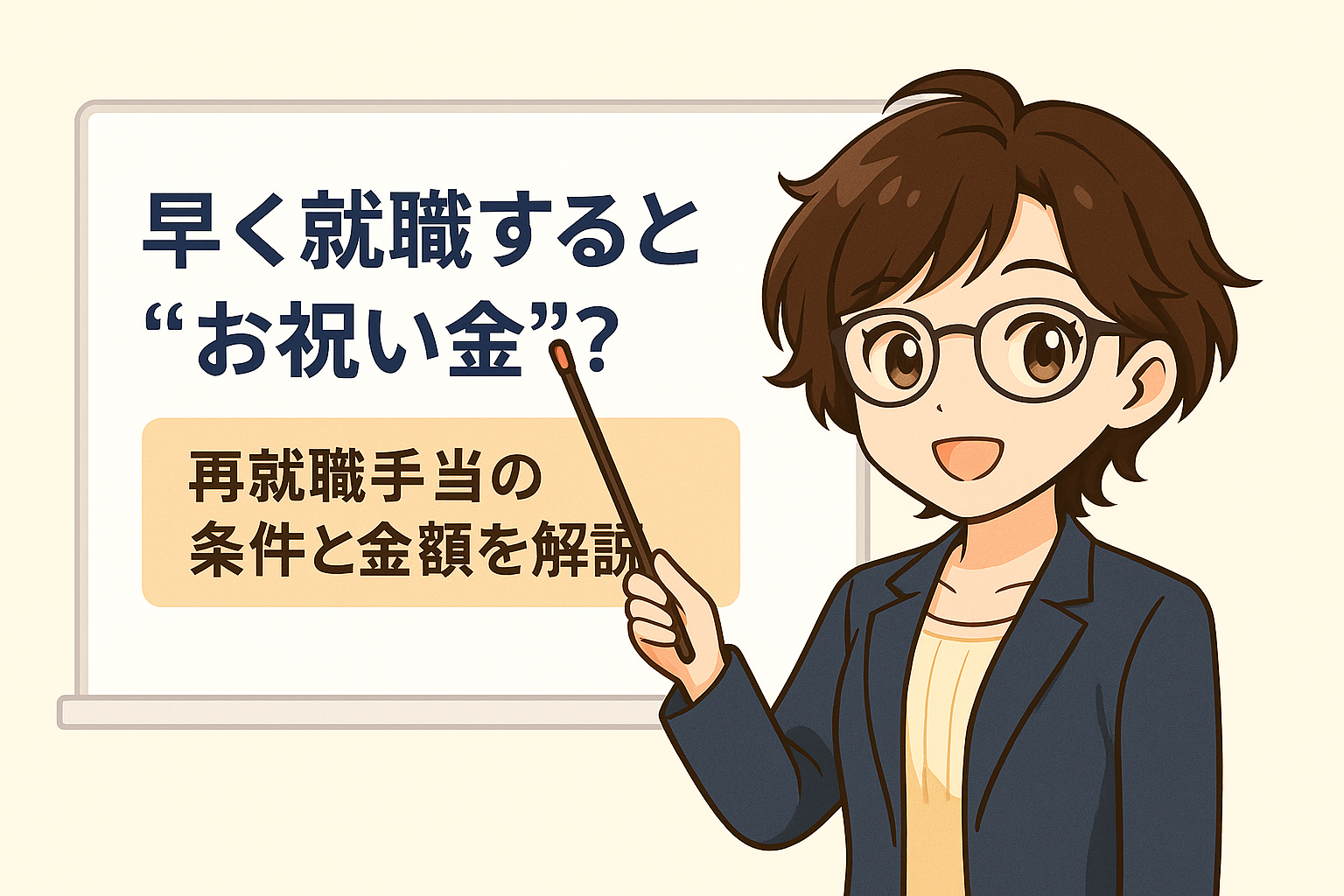 Finna後輩がホワイトボードの前で、再就職手当の条件と申請方法について指差し棒を使って説明しているイラスト