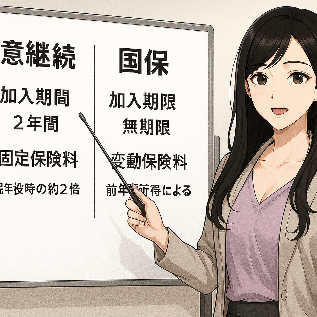 「黒髪ロングヘアの女性が、ホワイトボードの前で指し棒を使いながら解説しているイラスト。ホワイトボードには『任意継続』と『国保』の比較が表形式で記載されており、任意継続は『加入期間2年間・固定保険料・在職時の約2倍』、国保は『加入期限無期限・変動保険料・前年所得による』と説明が書かれている。