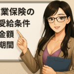 眼鏡をかけたFinna先輩がホワイトボードの前で、失業保険の受給条件・金額・期間について上品に説明している様子。髪に光沢があり、ソフトな表情と胸元の強調で知的かつやわらかい印象を与えている。