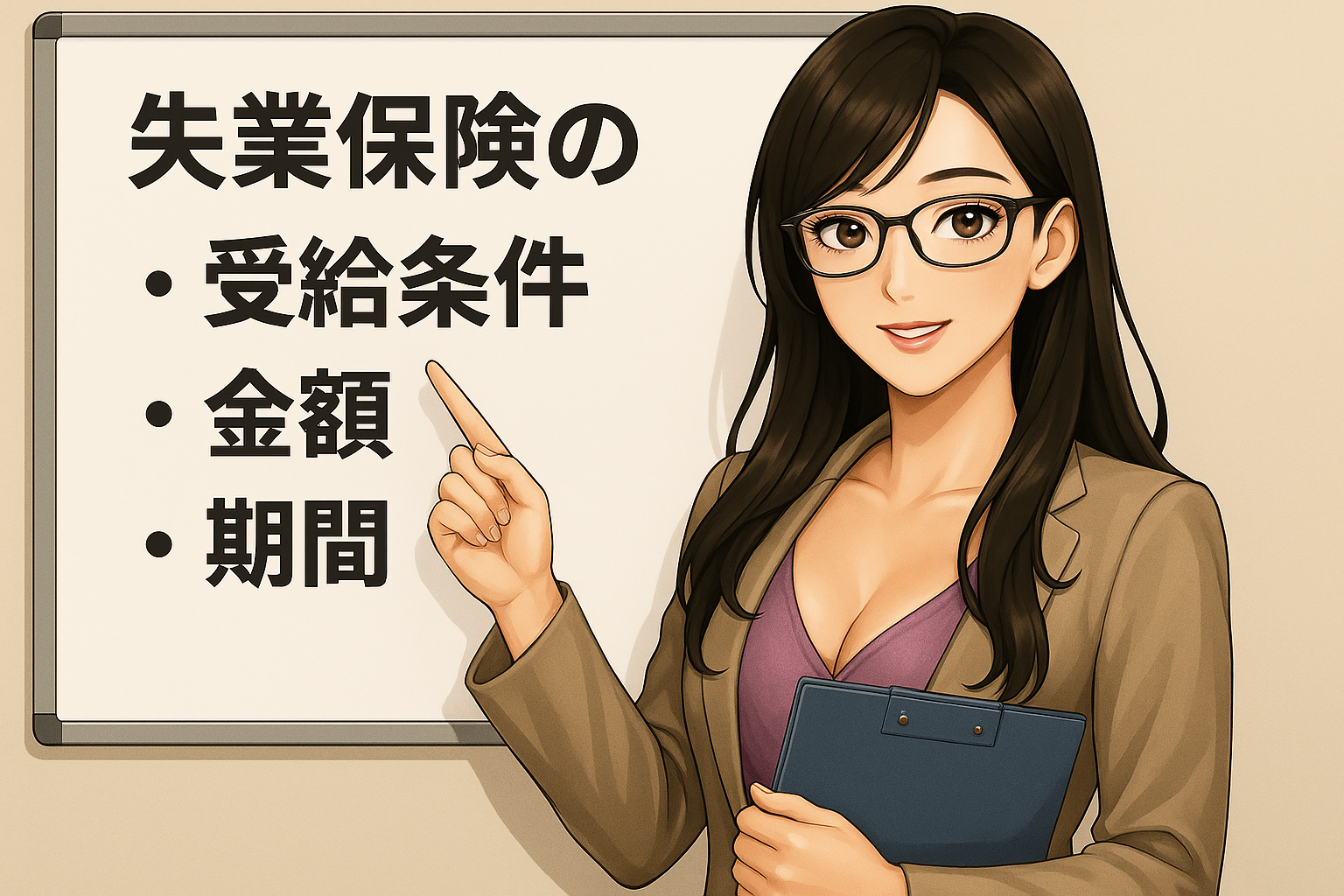 眼鏡をかけたFinna先輩がホワイトボードの前で、失業保険の受給条件・金額・期間について上品に説明している様子。髪に光沢があり、ソフトな表情と胸元の強調で知的かつやわらかい印象を与えている。