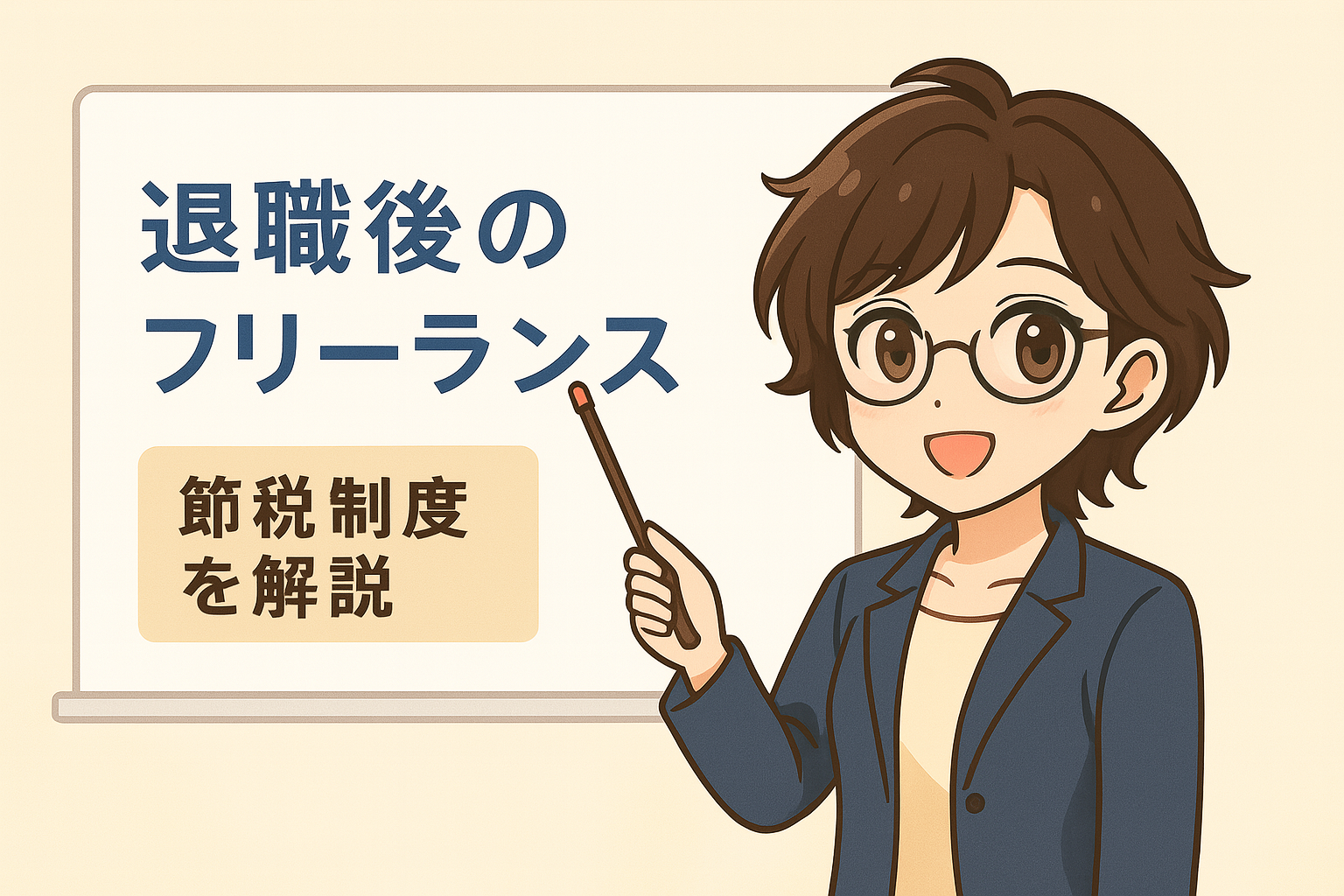 スーツ姿のFinna後輩がホワイトボードの前で、指差し棒を持ちながら「退職後フリーランスの節税について」と書かれた内容を説明しているイラスト。