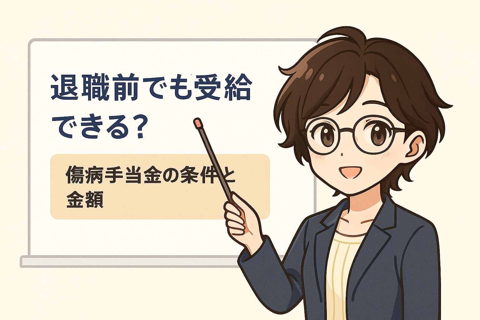 Finna後輩がホワイトボードの前で指し棒を使いながら、退職前でも受給できる傷病手当金の条件と金額について説明しているアニメ風イラスト