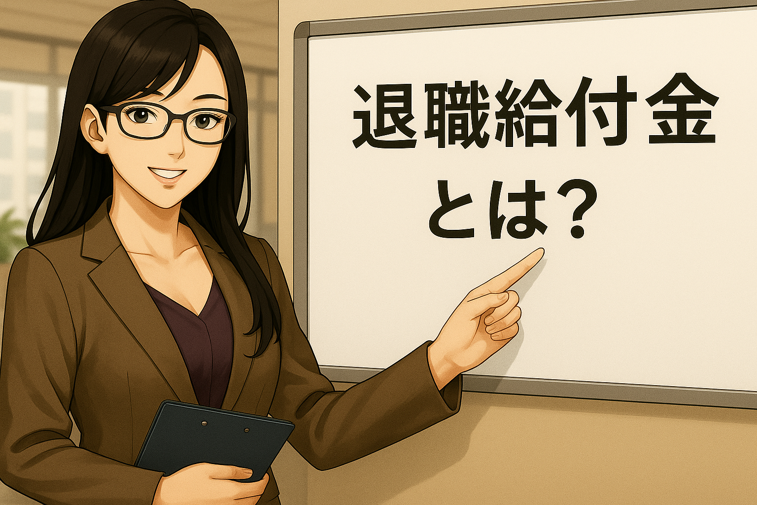 オフィスのホワイトボードの前に立つ黒髪ロングヘアの日本人女性キャラクターのイラスト。女性は眼鏡をかけ、ブラウンのビジネススーツと深い紫色のインナーを着用し、大人っぽく知的な表情をしている。片手にネイビーのファイルを持ち、もう一方の手でホワイトボードに書かれた「退職給付金とは？」の文字を指さしている。背景には明るい室内の窓とデスクが見える。