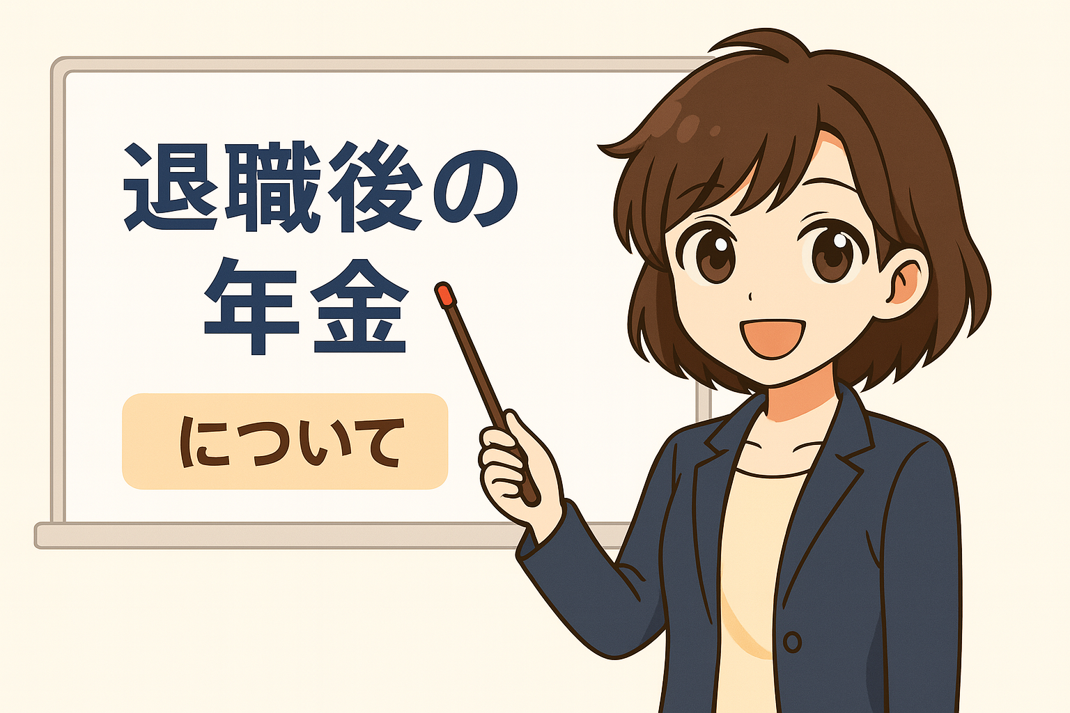 スーツ姿のFinna後輩がホワイトボードの前に立ち、指差し棒を持ちながら「退職後の年金について」と書かれた内容を説明しているイラスト。