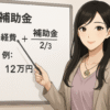 黒髪の若い女性キャラクター（Finna先輩）がビジネスカジュアルの服装でホワイトボードの前に立ち、指差し棒を持って補助金の説明をしている。ホワイトボードには図や文字が描かれており、彼女がにこやかな表情で解説している様子。