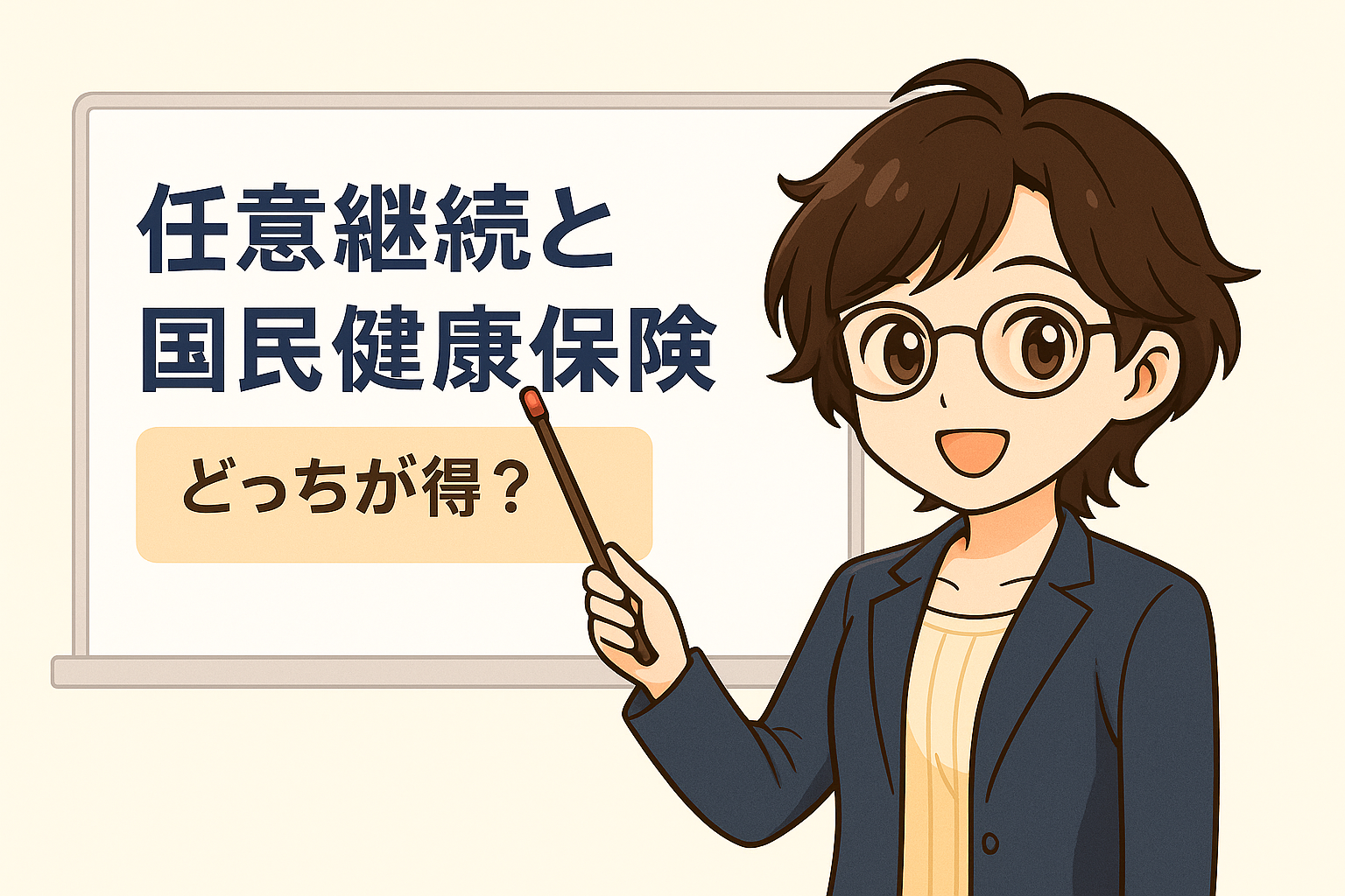 スーツ姿のFinna後輩がホワイトボードの前で、指差し棒を持ちながら「任意継続と国民健康保険 どっちが得？」と書かれた内容を説明しているイラスト。