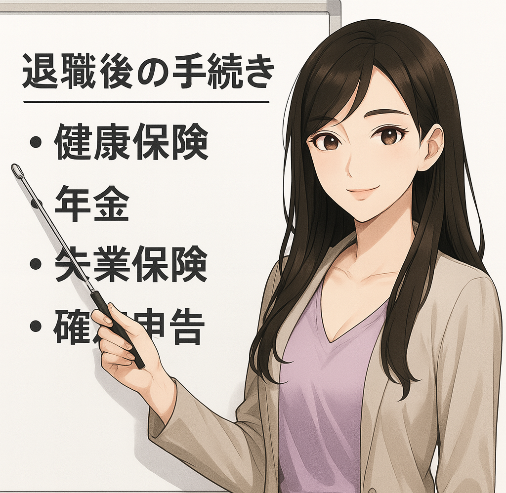 黒髪ロングの女性キャラクター（Finna先輩）が、ホワイトボードに指差し棒を使って退職後の手続きについて説明しているイラスト。やわらかい表情で解説する様子が描かれている。