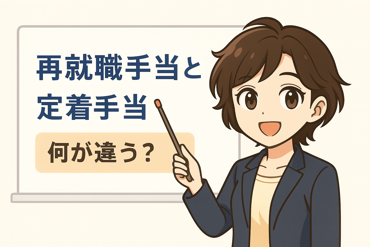 スーツ姿のFinna後輩がホワイトボードの前で、指差し棒を持ちながら「再就職手当と就業促進定着手当について」と書かれた内容を説明しているイラスト。