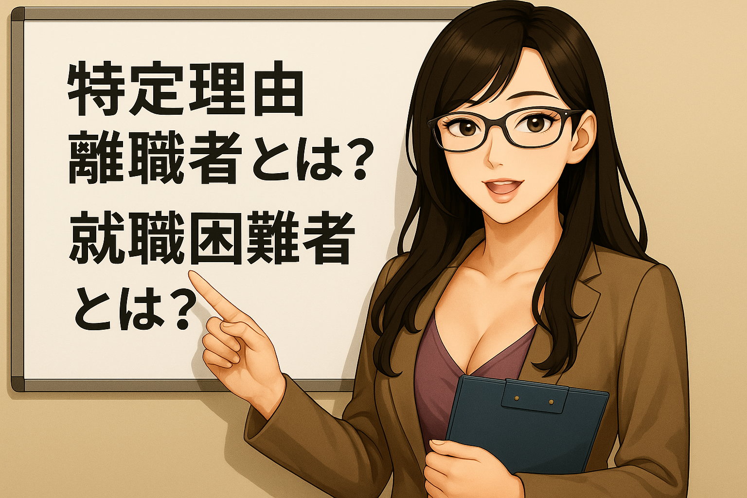 ホワイトボードの前で「特定理由離職者とは？」「就職困難者とは？」を説明する黒髪で眼鏡のFinna先輩。口を少し開けて優しく微笑み、上品で知的、やや色っぽい印象を与えている。