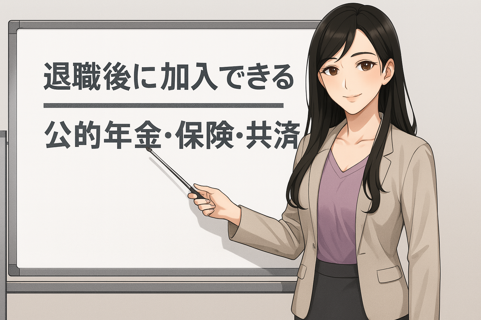 スーツ姿の女性がホワイトボードの前で指差し棒を持ち、微笑みながら解説しているイラスト。ホワイトボードには『退職後に加入できる 公的年金・保険・共済』と大きく書かれている。