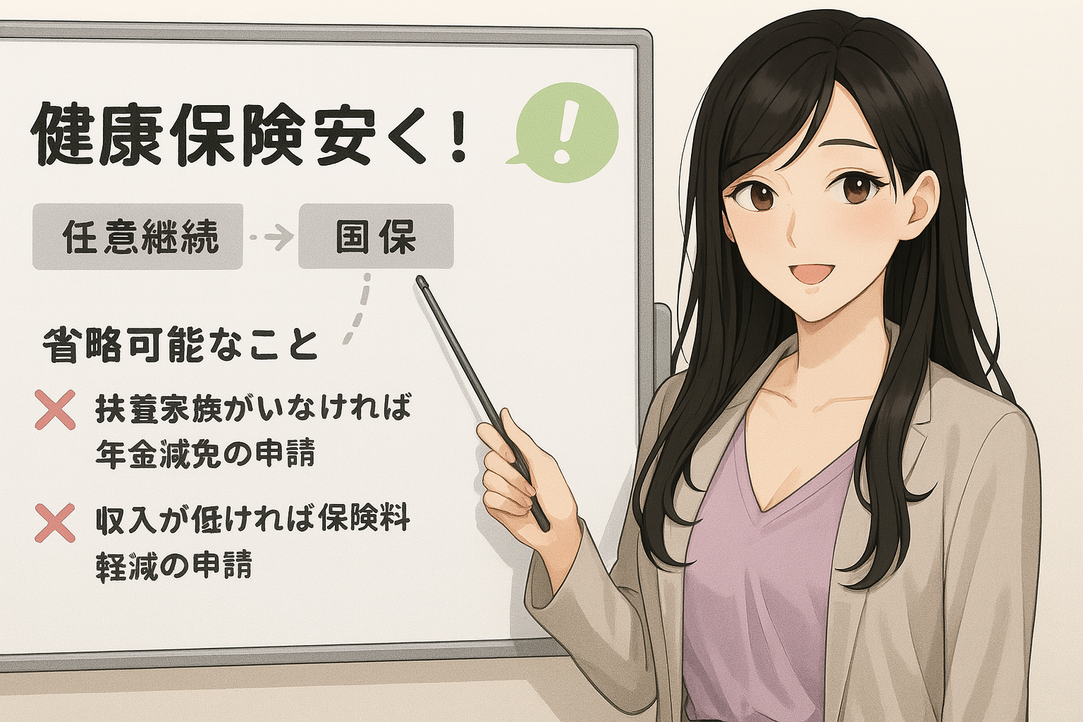 黒髪の若い女性キャラクター（Finna先輩）がホワイトボードを指し棒で指しながら、健康保険を安くする裏技について説明している。ホワイトボードには『健康保険安く！』という大きなタイトルと、任意継続から国保への切り替え、保険料軽減や年金減免の申請についての解説がイラストと文字で描かれている。