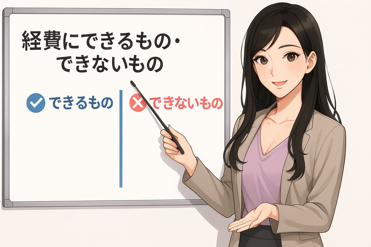 スーツを着た長い黒髪の女性キャラクターがホワイトボードを指しながら説明しているイラスト。ホワイトボードには大きな文字で「経費にできるもの・できないもの」と書かれ、左側に青いチェックマークと「できるもの」、右側に赤いバツ印と「できないもの」と記載されている。女性は笑顔でポインターを持ち、視聴者に向けて分かりやすく解説している様子。