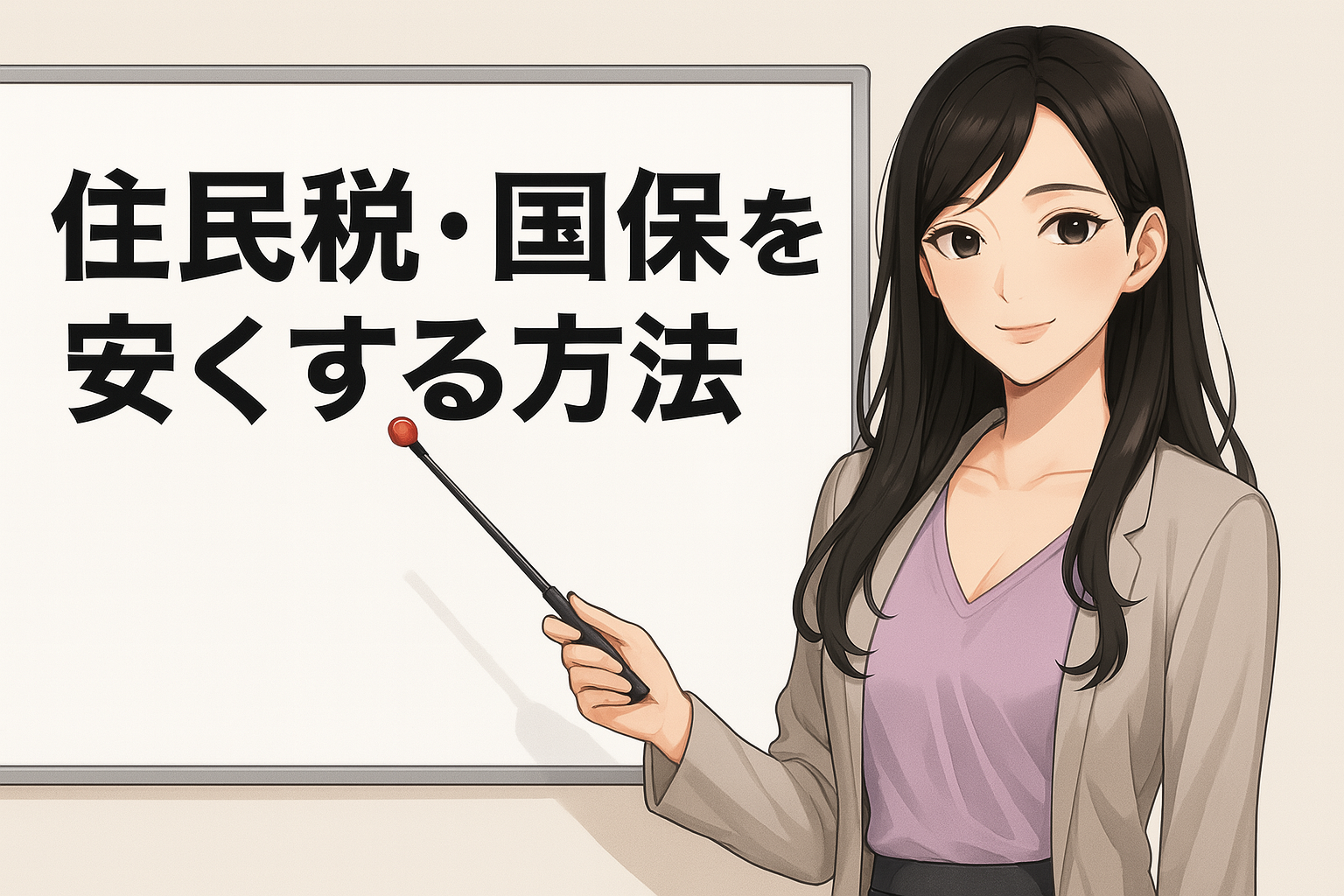黒髪ロングの若い日本人女性が、白いホワイトボードの前に立ち、指差し棒を持って解説している。ホワイトボードには大きな黒文字で『住民税・国保を安くする方法』と書かれている。女性は淡い紫のブラウスとグレーのジャケットを着用し、穏やかに微笑んでいる。