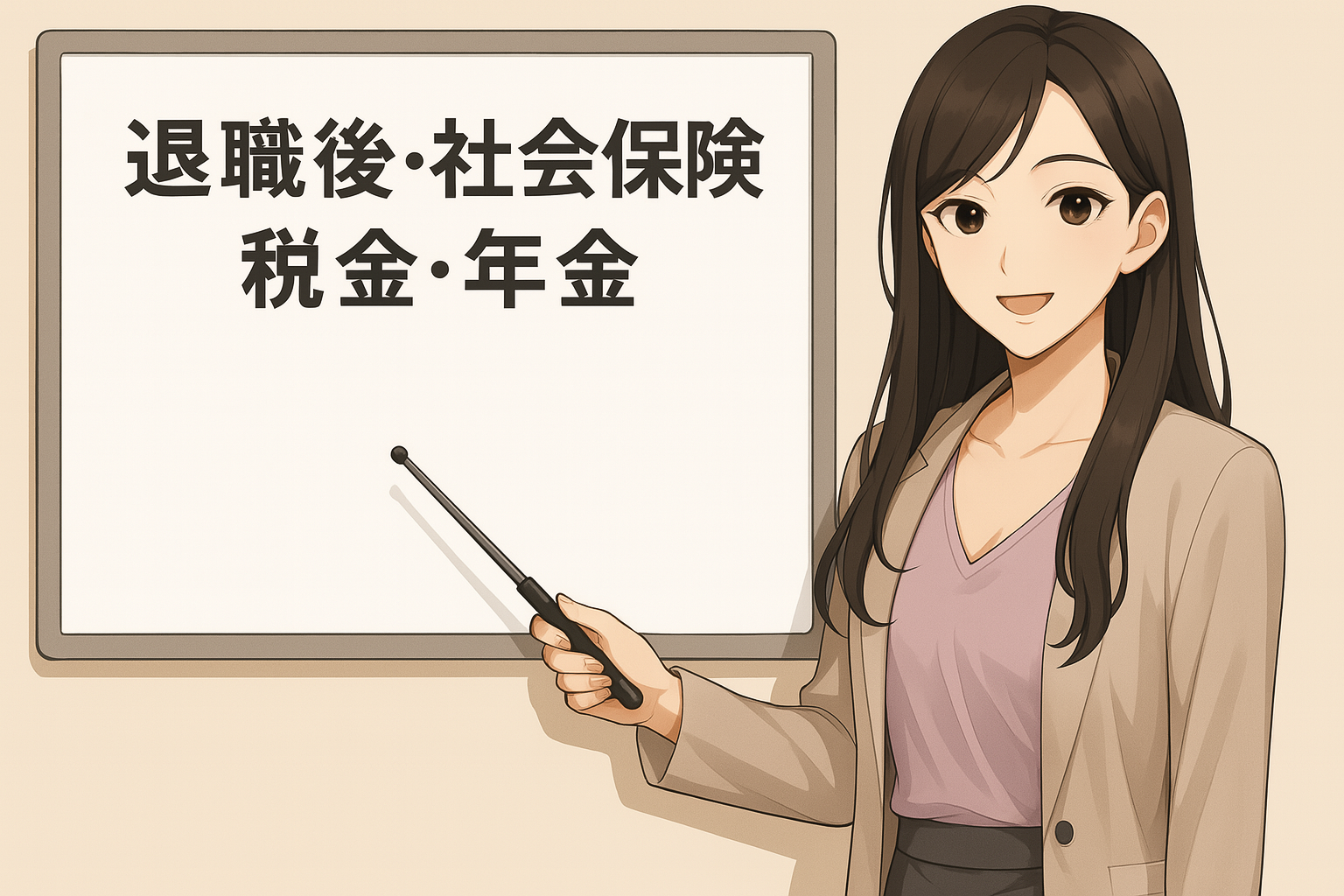 茶色の髪の女性キャラクター（ビジネススーツ姿）がホワイトボードの前で指示棒を持ち、笑顔で解説しているイラスト。ホワイトボードには『退職後・社会保険 税金・年金』と大きな黒文字で書かれている
