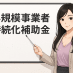 黒髪ロングの女性キャラクター（Finna先輩）が薄紫のトップスとベージュのジャケットを着用し、ホワイトボードの前で指差し棒を持って説明している。ホワイトボードには大きく『小規模事業者持続化補助金』と日本語で書かれている。