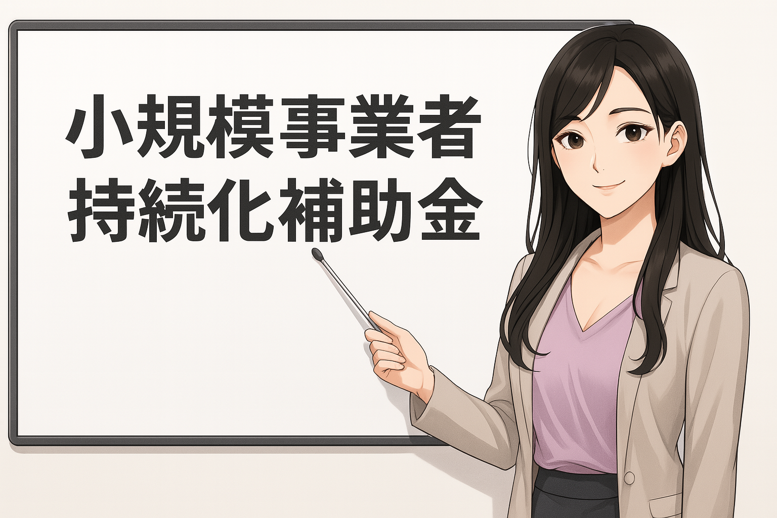 黒髪ロングの女性キャラクター（Finna先輩）が薄紫のトップスとベージュのジャケットを着用し、ホワイトボードの前で指差し棒を持って説明している。ホワイトボードには大きく『小規模事業者持続化補助金』と日本語で書かれている。