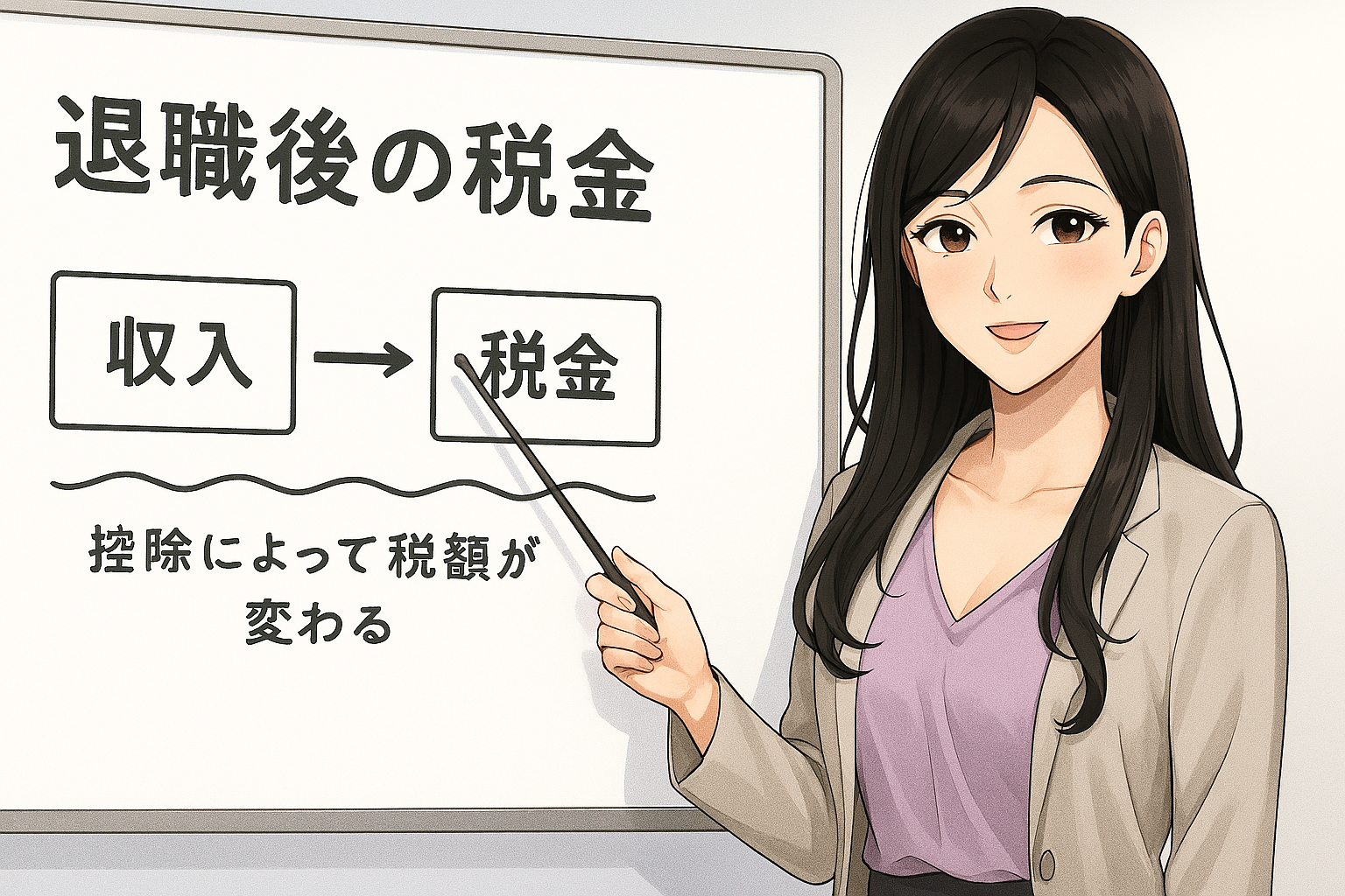 黒髪の若い女性キャラクター（Finna先輩）がホワイトボードの前に立ち、指差し棒を持って退職後の税金について解説している。ホワイトボードには税金の種類や金額の表が描かれており、彼女がやさしい表情で説明している様子。