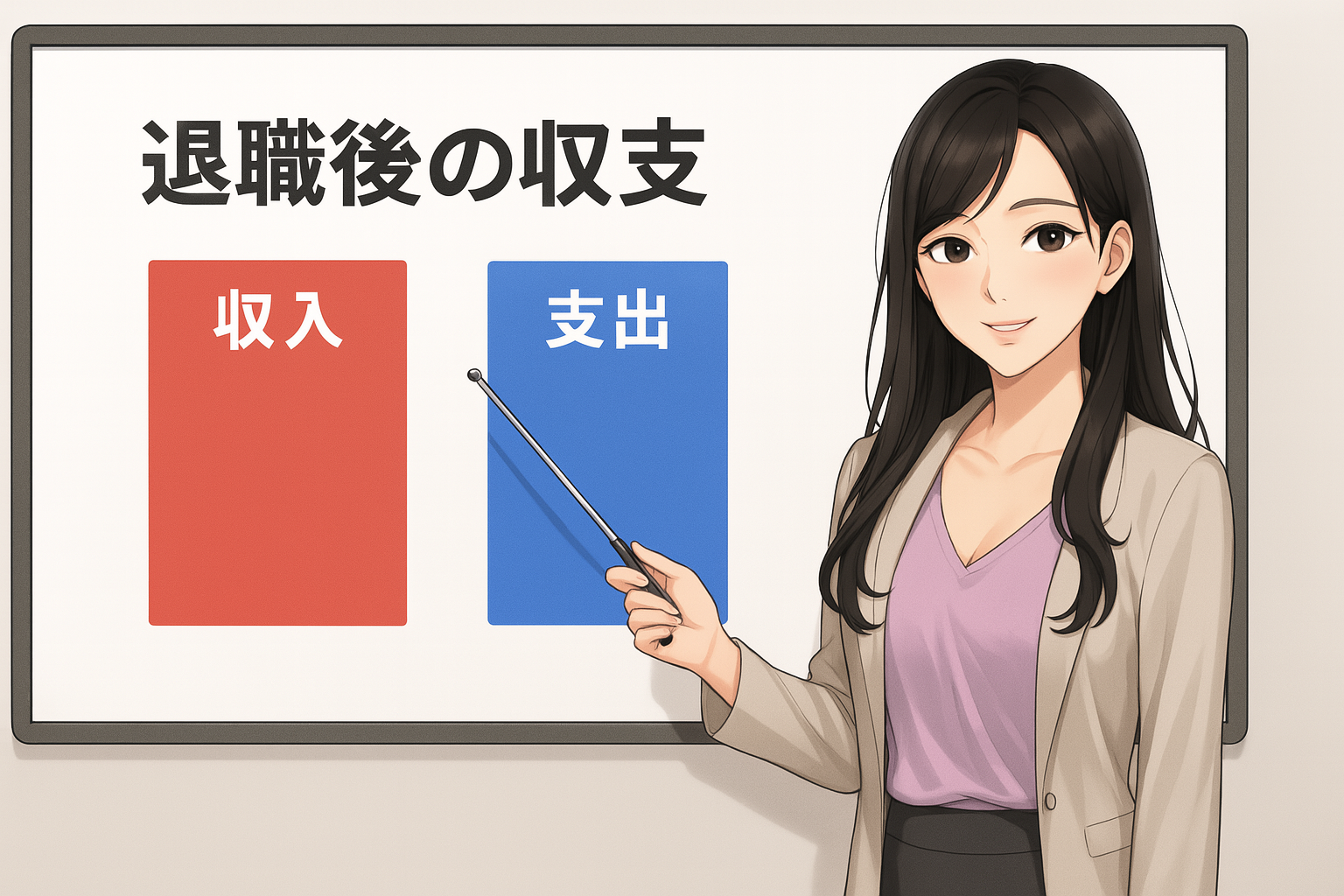 若い女性（Finna先輩）がホワイトボードの前に立ち、指差し棒で「退職後の収支」と書かれたタイトルと、赤い「収入」と青い「支出」の2つの大きなボックスを示しながら解説しているイラスト。ビジネスカジュアルな服装で、穏やかな表情をしている。