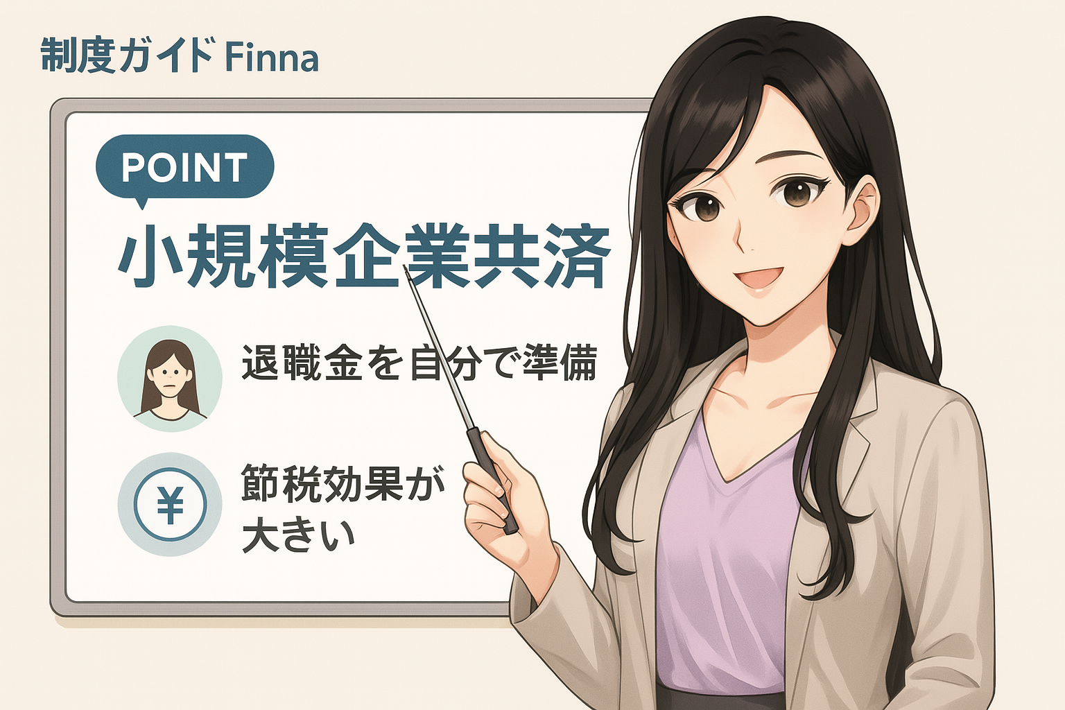 制度ガイド Finna」というタイトルのイラスト。ホワイトボードの前で黒髪ロングの女性キャラクターが笑顔で指差し棒を持って立っている。ホワイトボードには「POINT 小規模企業共済」「退職金を自分で準備」「節税効果が大きい」と大きく書かれている。左側に人物アイコンと円マークのイラストが添えられている。