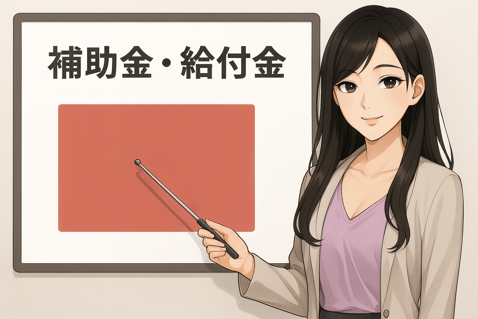 ホワイトボードの前に立つ長い黒髪の女性キャラクターが指示棒を持ち、「補助金・給付金」と書かれたボードを指し示して説明している。ビジネスカジュアルの服装で微笑んでいる。