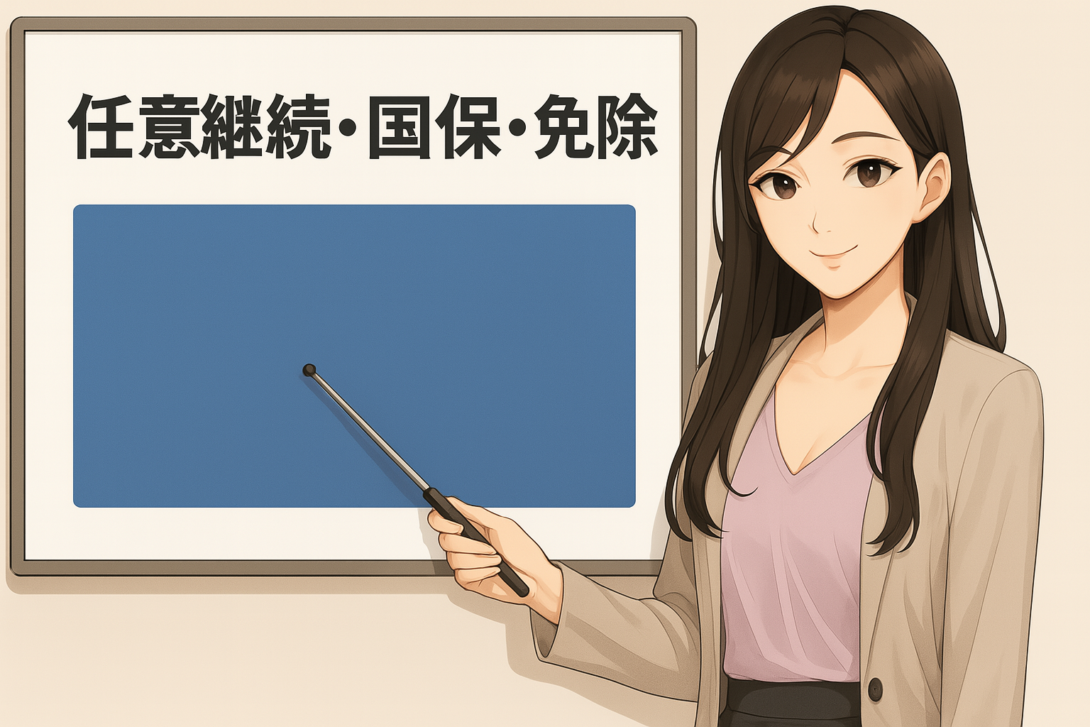 長い黒髪の女性講師がホワイトボードの前に立ち、指し棒を使って説明している。ホワイトボードには『任意継続・国保・免除』と大きく書かれており、その下に青い四角のスペースがある。