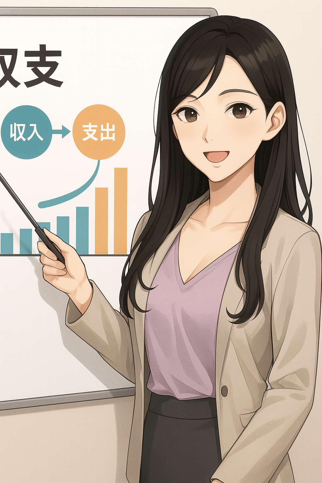 黒髪の若い女性キャラクター（Finna先輩）がホワイトボードの前に立ち、指差し棒を持って退職後の収支について解説している。ホワイトボードには収入と支出の項目が図表で描かれており、彼女が穏やかな表情で説明している様子。