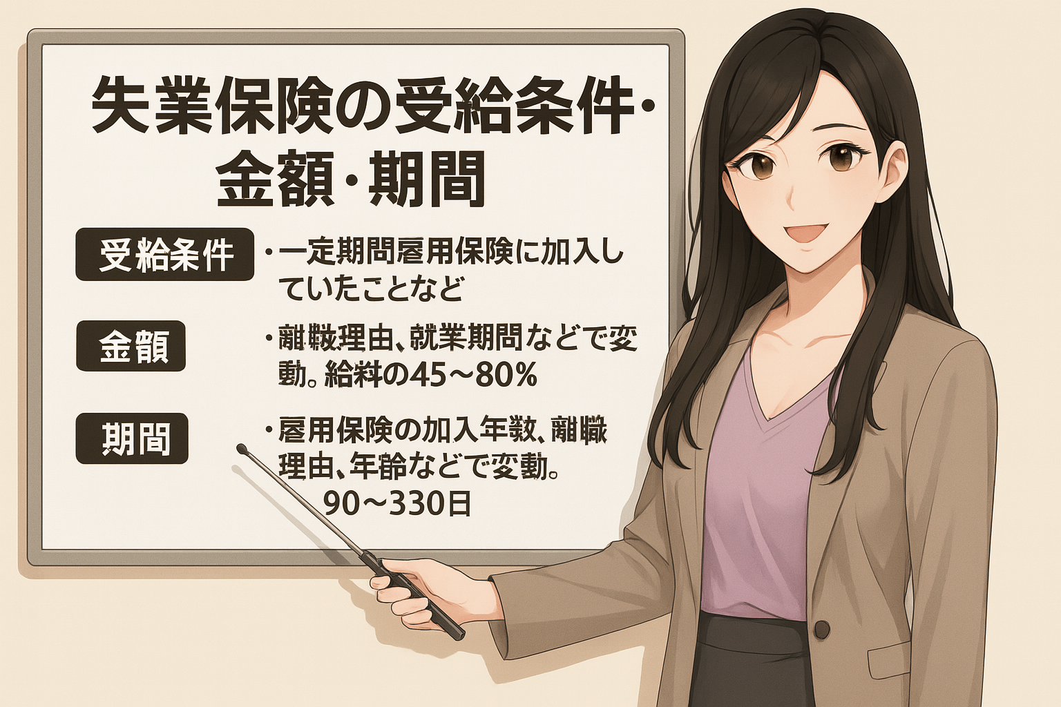 イラストには、ロングヘアの若い女性（Finna先輩風のキャラクター）がホワイトボードを指し棒で示しながら、失業保険について説明している様子が描かれている。 ホワイトボードには以下の内容が大きな文字で記載されている。