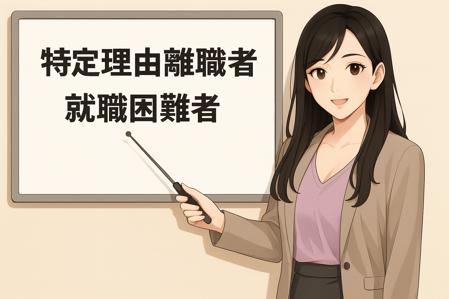 スーツ姿の女性キャラクターがホワイトボードを指し棒で示しながら解説しているイラスト。ホワイトボードには『特定理由離職者 就職困難者』と大きく黒い文字で書かれている。