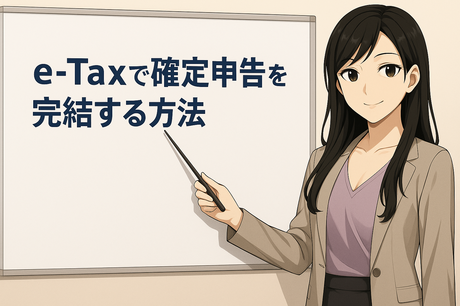 スーツ姿の黒髪の女性がホワイトボードの前に立ち、指差し棒を使って説明しているイラスト。ホワイトボードには『e-Taxで確定申告を完結する方法』と大きく書かれている。