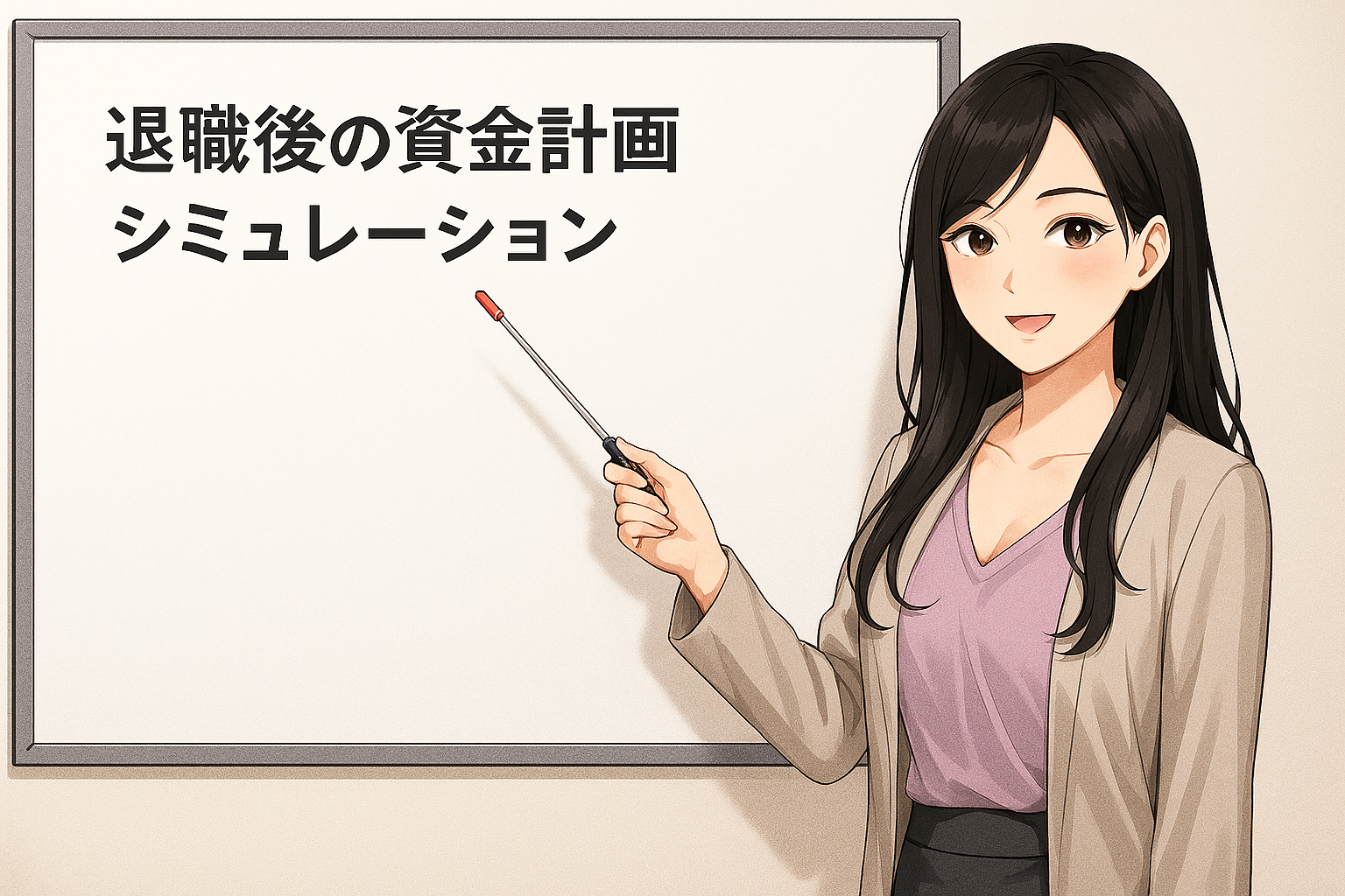 ホワイトボードの前に立つ長い黒髪の若い女性（Finna先輩）が、笑顔で赤い先端の指差し棒を持ち、「退職後の資金計画シミュレーション」と書かれた文字を指し示している。ベージュのジャケットと紫のブラウスを着用し、穏やかな表情で説明しているイラスト。