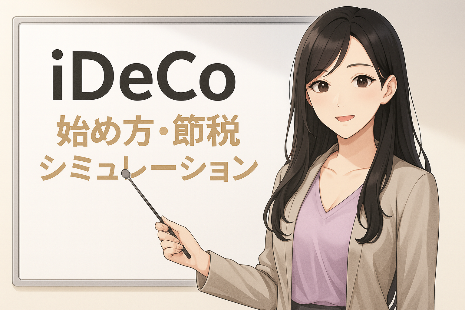 ホワイトボードの前に立つ長い黒髪の女性（Finna先輩）が、やわらかく微笑みながら指差し棒を持ち、「iDeCo 始め方・節税シミュレーション」と書かれた内容を解説している。ラベンダー色のブラウスとベージュのジャケットを着用し、清潔感のある明るい室内で説明している様子。