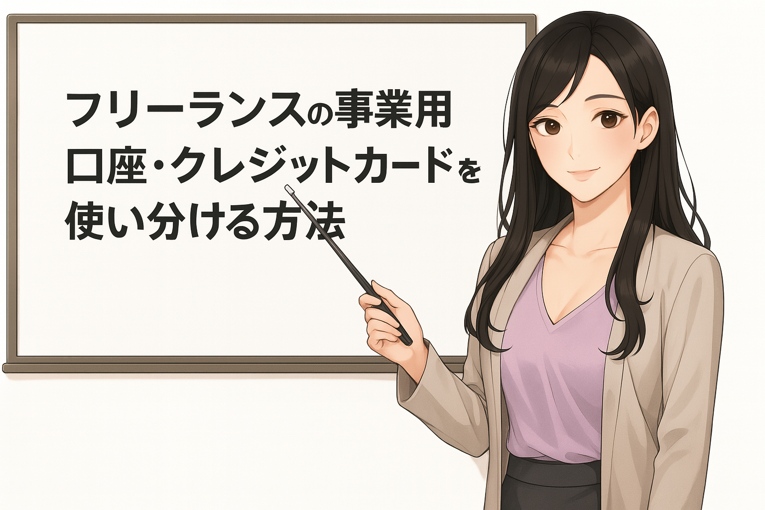 ホワイトボードの前に立つ若い女性キャラクター（Finna先輩）が、黒い指差し棒でボードを指しながら微笑んでいる。ホワイトボードには「フリーランスの事業用口座・クレジットカードを使い分ける方法」と大きな日本語の文字が書かれている。女性は黒髪ロングヘアで、ラベンダー色のブラウスとベージュのカーディガンを着ている。