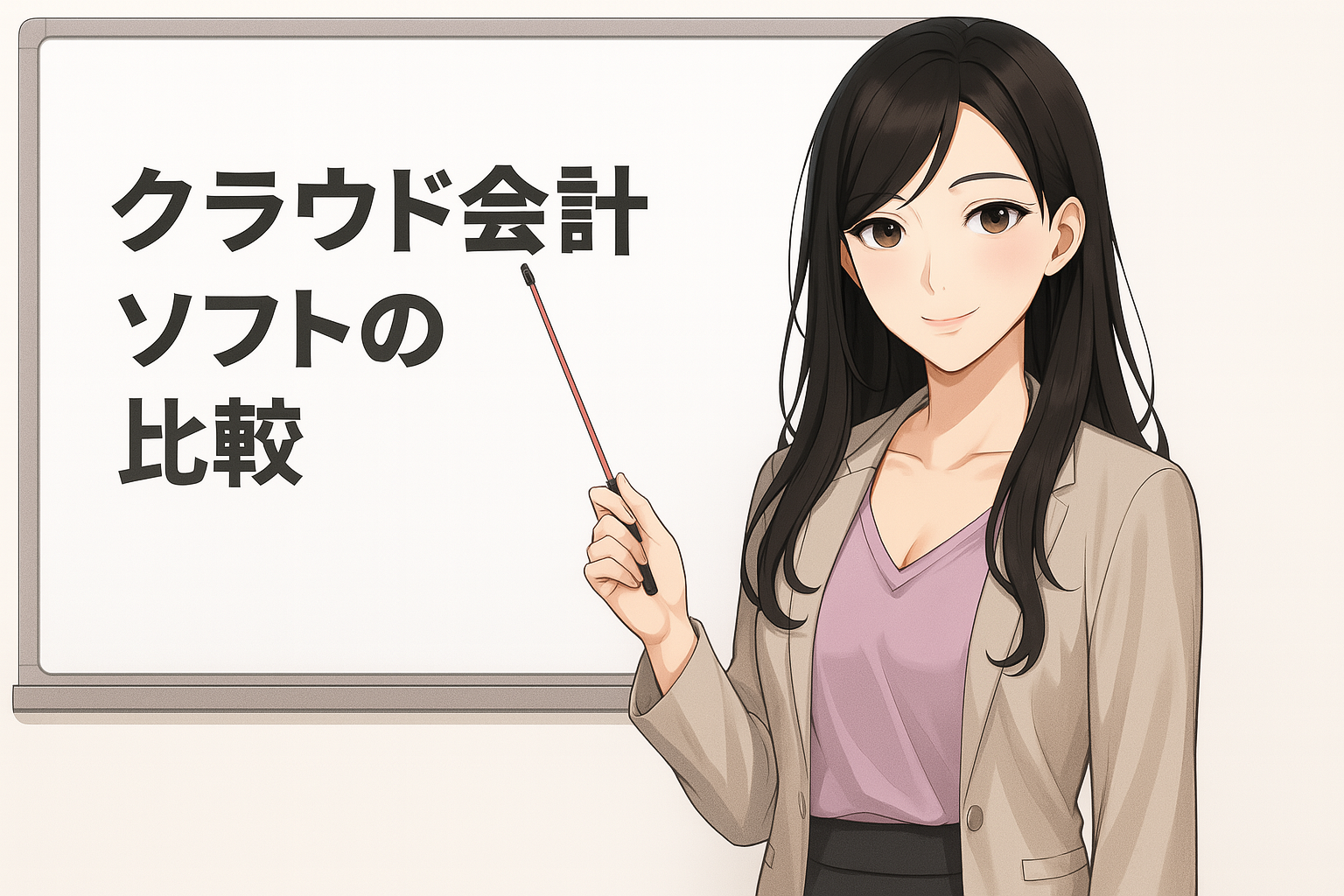 黒髪の長髪の女性が、ホワイトボードの前で指差し棒を持ち、『クラウド会計ソフトの比較』と書かれた文字を指しながら解説しているイラスト。
