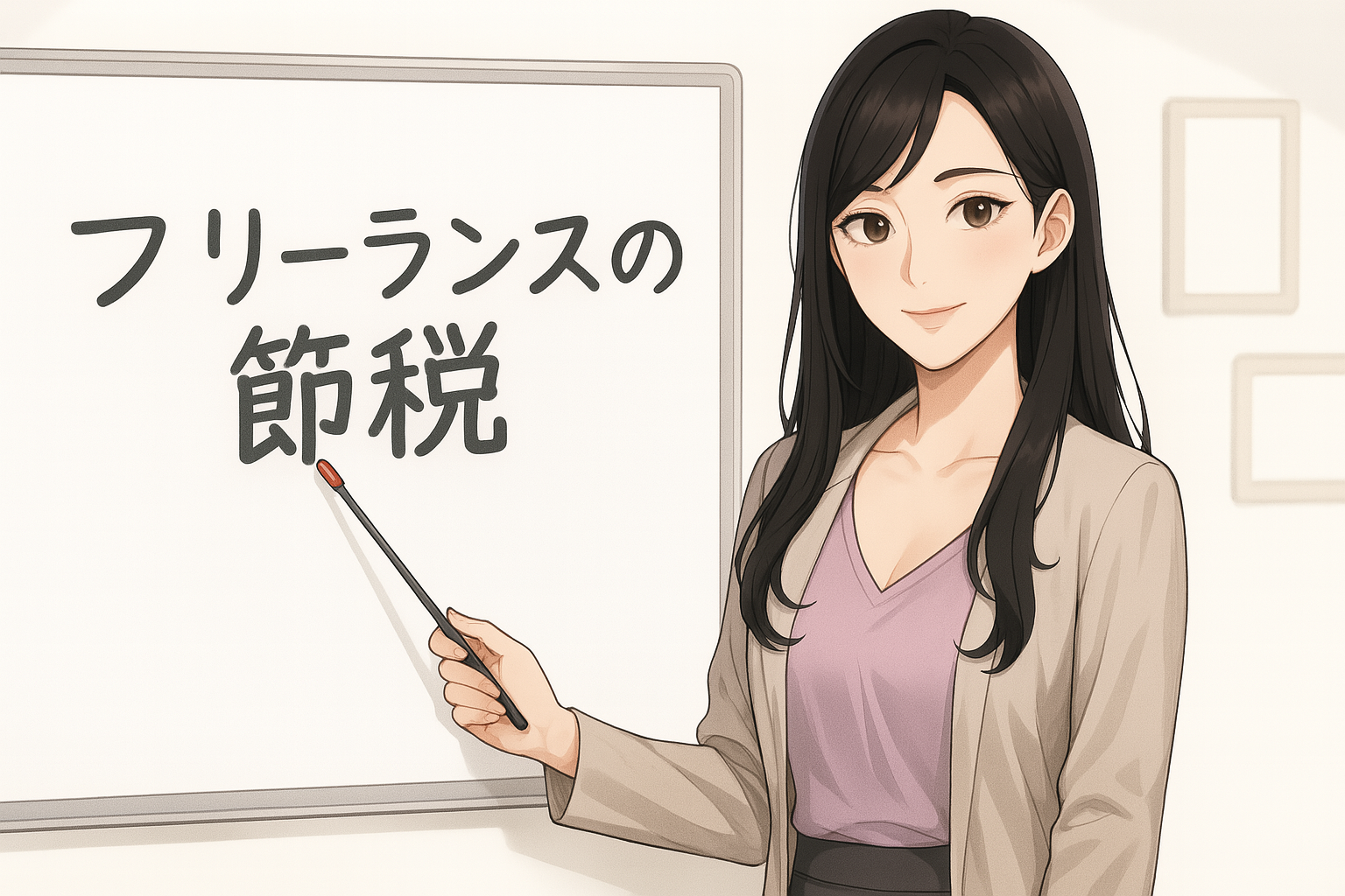 黒髪ロングの女性がホワイトボードの前に立ち、指し棒で『フリーランスの節税』と書かれた文字を指し示している。女性は薄いベージュのジャケットと紫のインナーを着用し、穏やかに微笑んでいる。