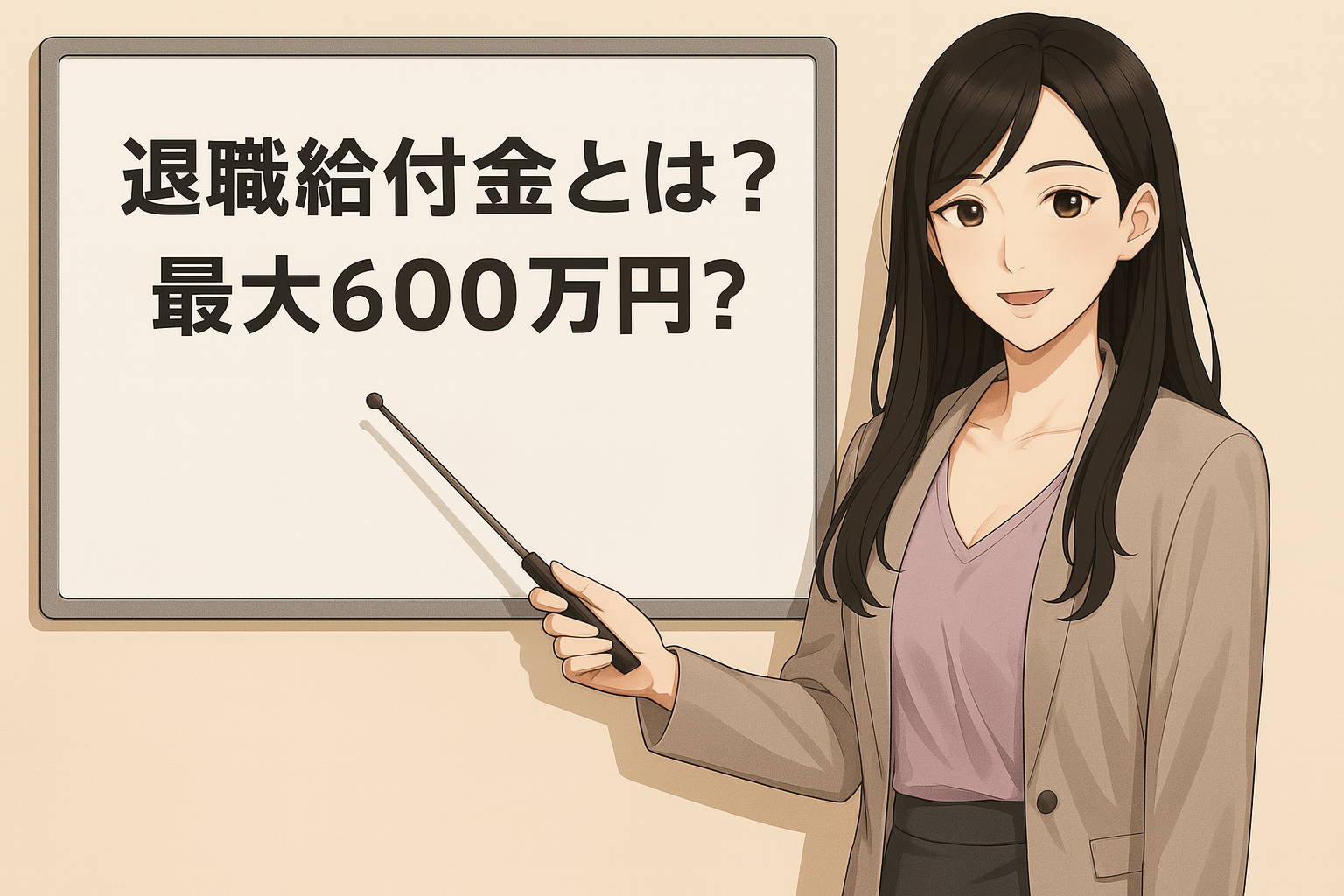 スーツ姿の若い女性がホワイトボードの前に立ち、指示棒を使って説明している。ホワイトボードには「退職給付金とは？ 最大600万円？」と大きな文字が書かれている。