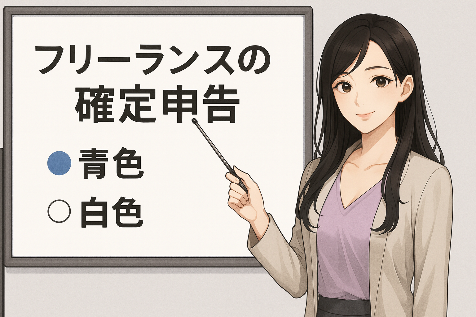 黒髪ロングヘアの女性が、ホワイトボードを指差し棒で指しながら説明しているイラスト。ホワイトボードには大きな文字で『フリーランスの確定申告』と書かれ、その下に『青色』『白色』の選択肢が表示されている。青色には青い丸、白色には白い丸がついている。