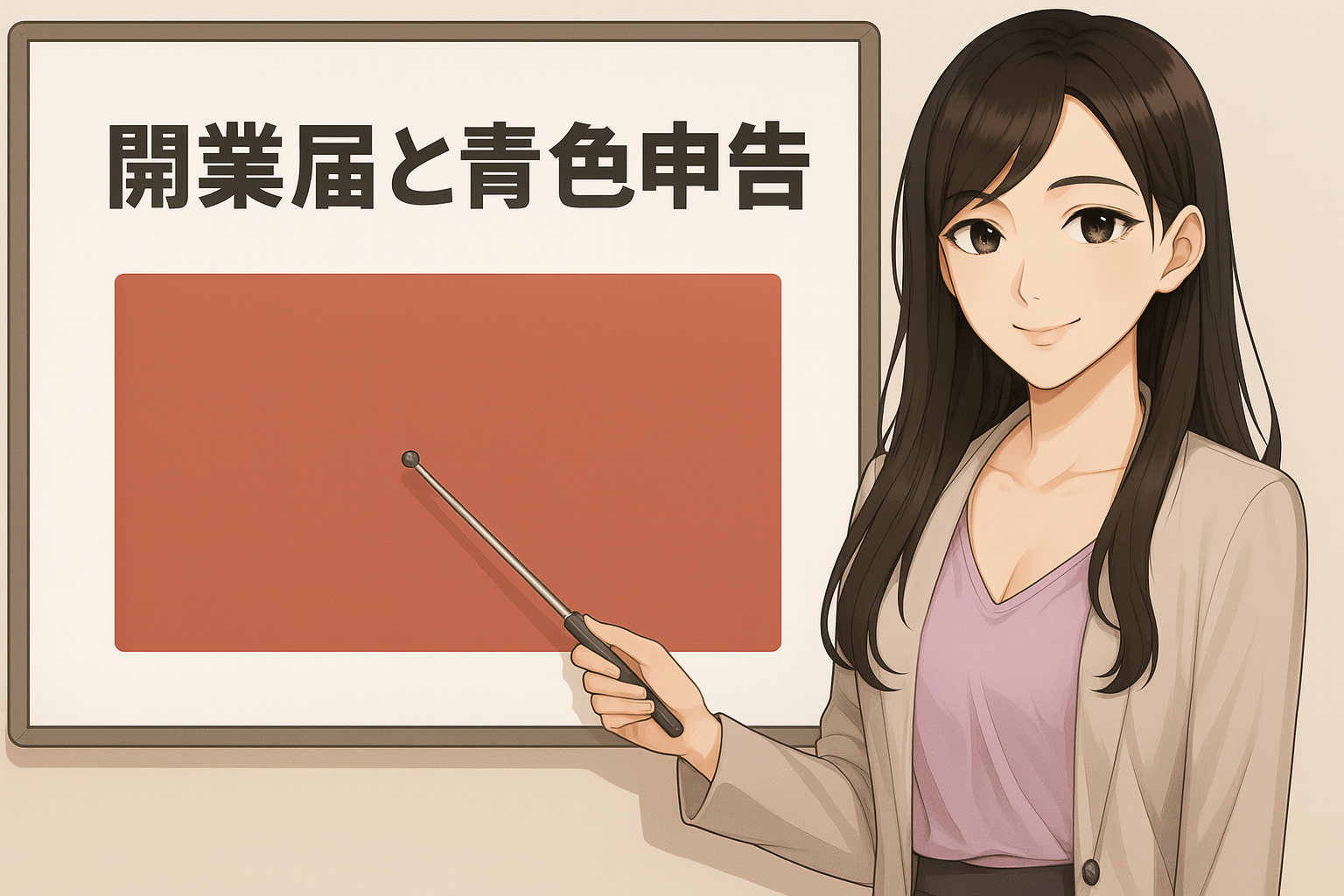 スーツ姿の女性キャラクターがホワイトボードの前に立ち、指し棒を持って説明しているイラスト。ホワイトボードには大きな文字で『開業届と青色申告』と書かれている。女性は微笑みながら視聴者を見つめている。