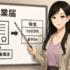 黒髪の若い女性キャラクター（Finna先輩）がホワイトボードの前に立ち、指差し棒を持って開業届について解説している。ホワイトボードには開業届の提出方法や必要書類の図解が描かれており、彼女がやさしい表情で説明している様子。